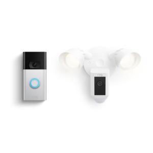 imageRing Floodlight Cam Wired Plus White with Ring Video Doorbell Satin Nickel